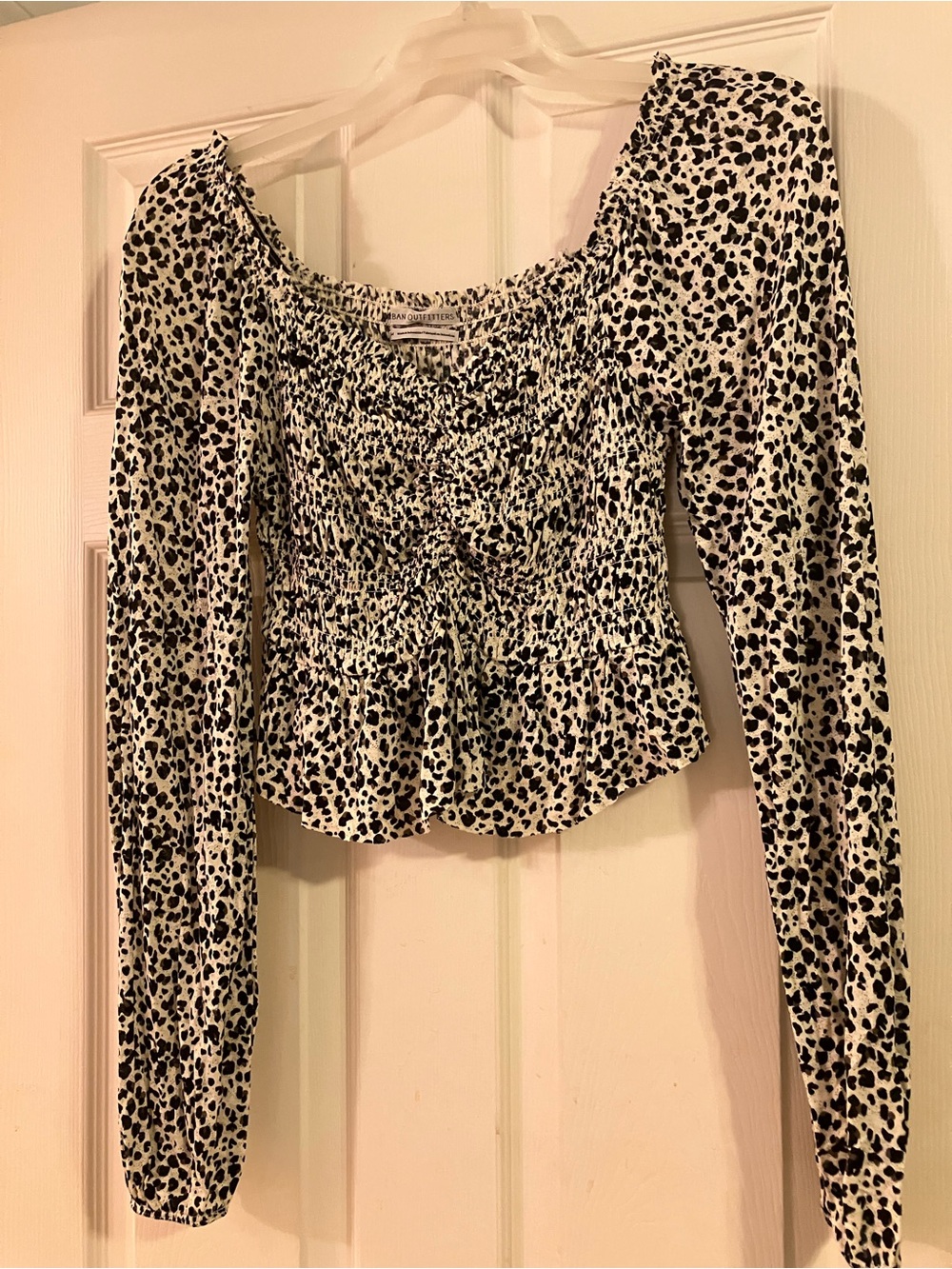 Urban Outfitters Black & White Smocked Leopard-Print Peplum Blouse